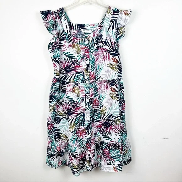 Beach Lunch Lounge Linen Tropical Palm Print Dress Cotton Medium Vacation Cruise - Picture 2 of 11